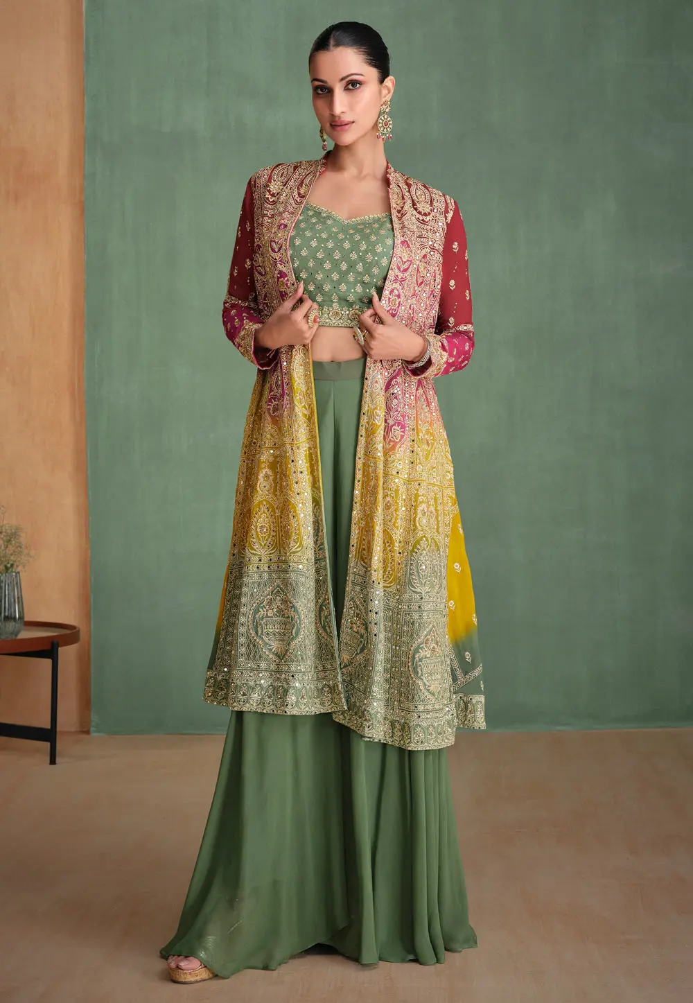 Green Georgette Jacket Style Suit 298424