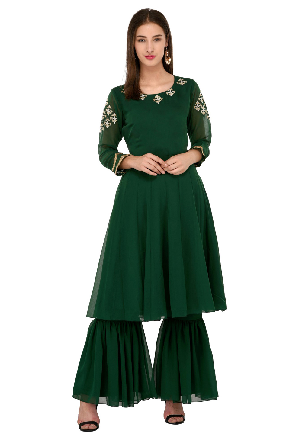 Green Georgette Kurta Set With Sharara 310054