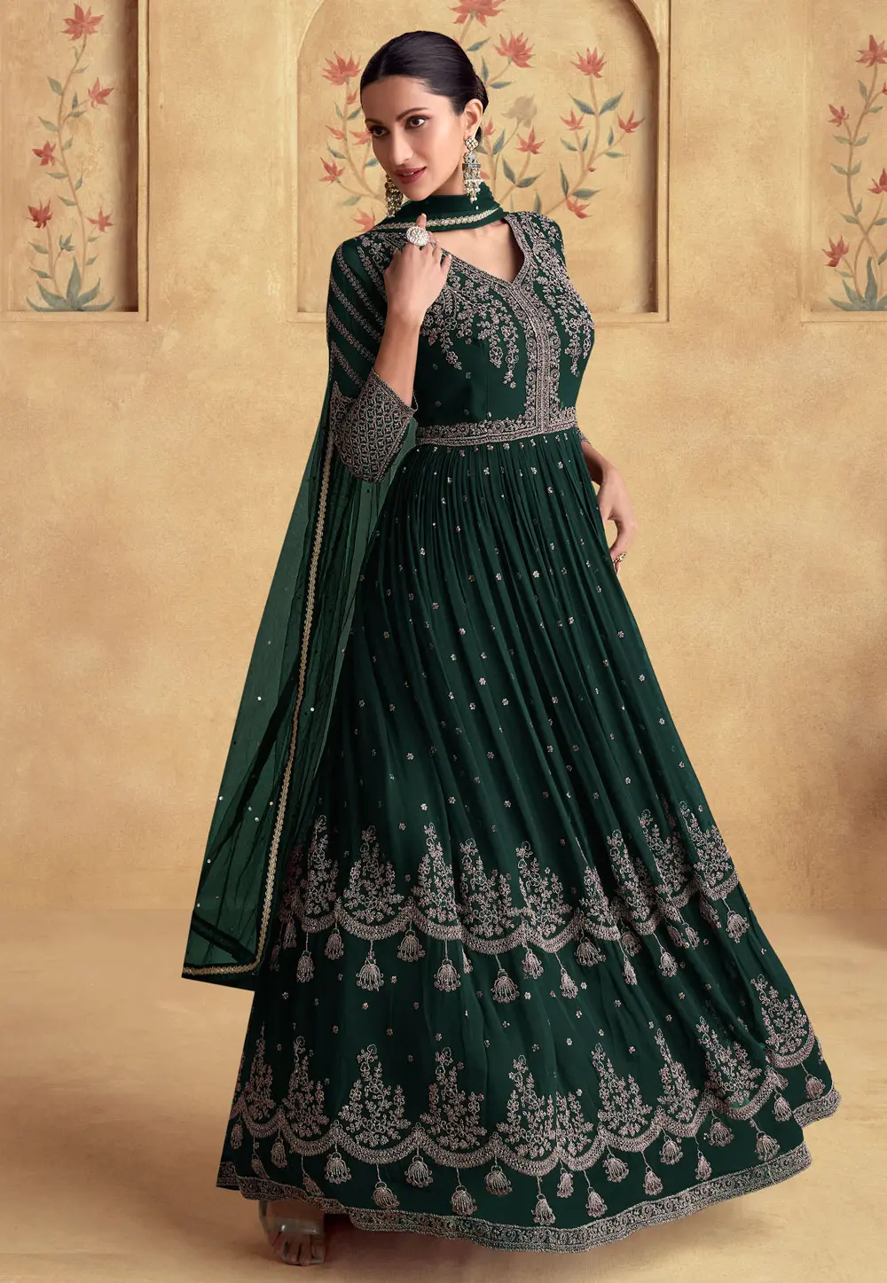 Green Georgette Long Anarkali Suit 301450