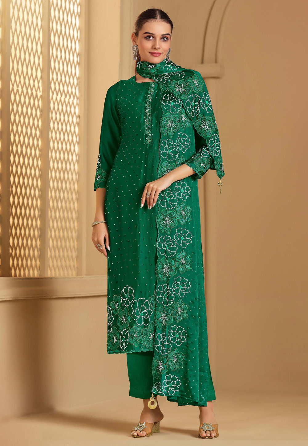 Green Georgette Pant Style Suit 310925