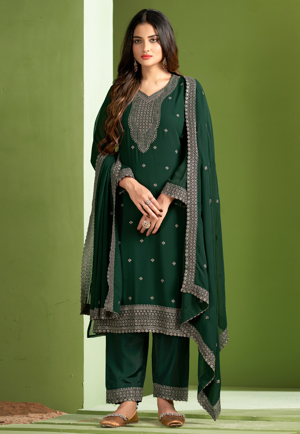 Green Georgette Pant Style Suit 284669