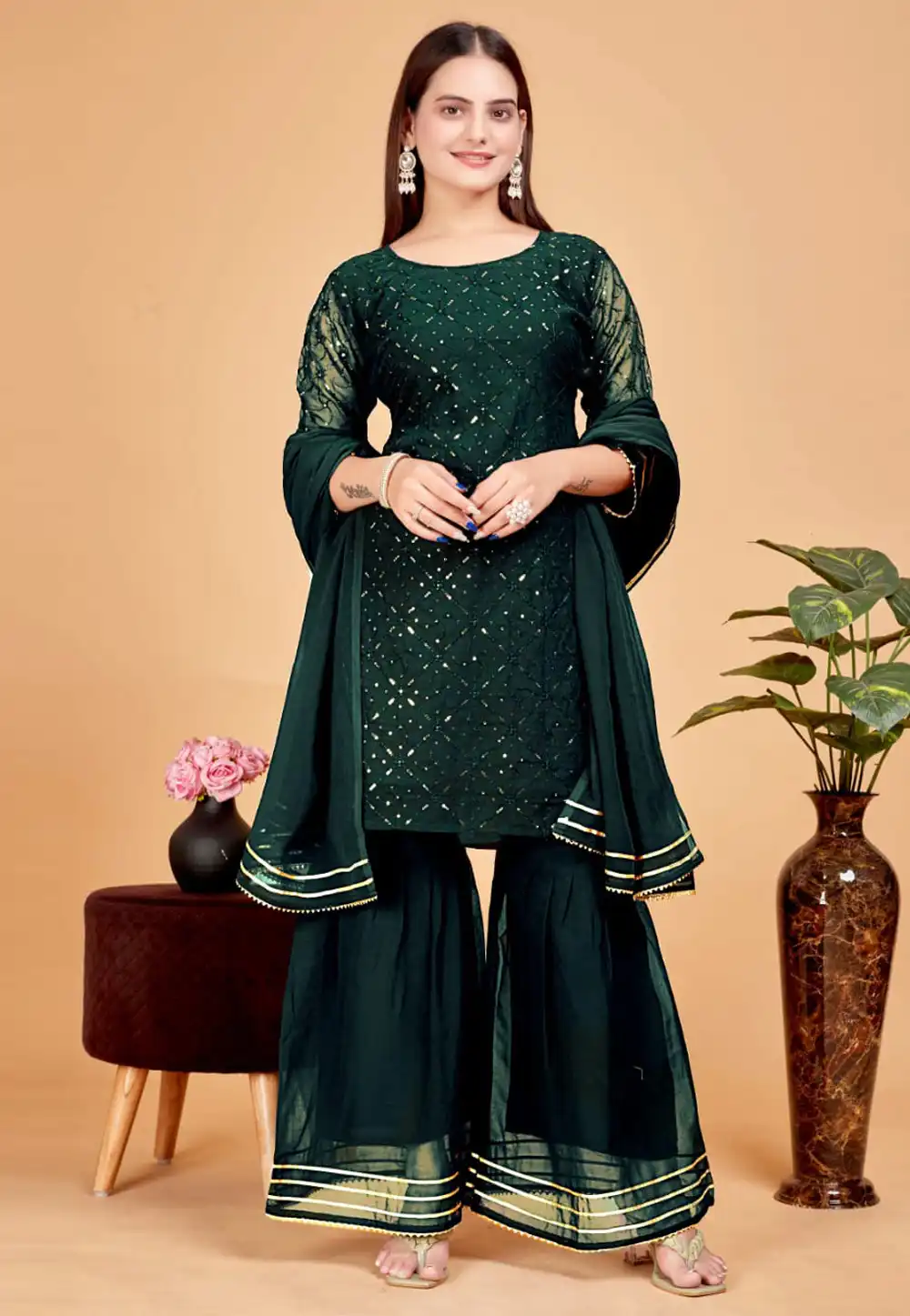 Green Georgette Readymade Gharara Suit 290443