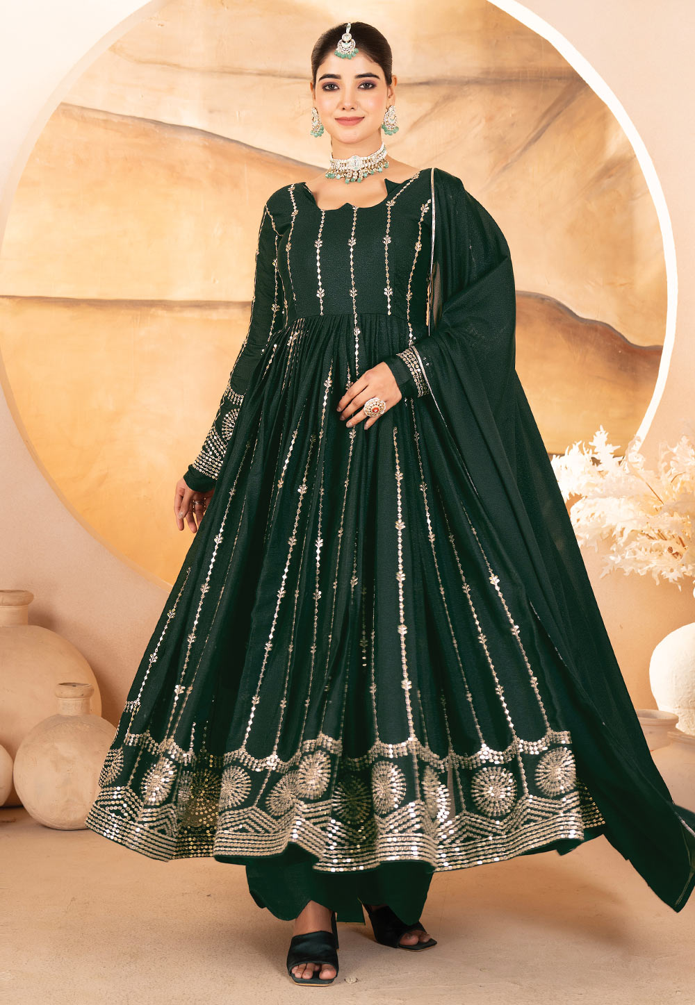 Green Georgette Readymade Long Anarkali Suit 311117