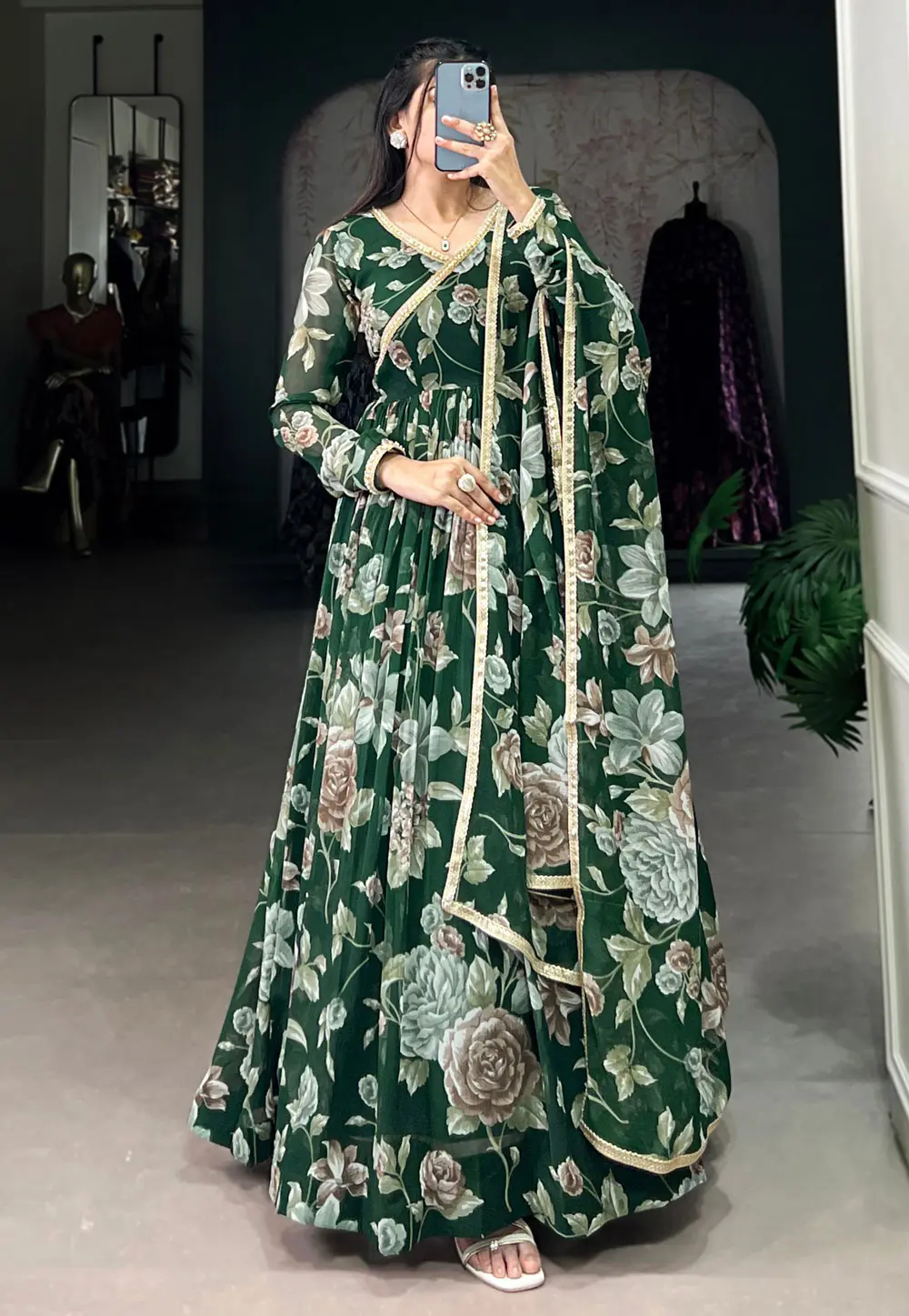 Green Georgette Readymade Long Anarkali Suit 304414