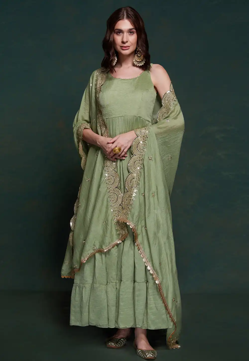 Green Georgette Readymade Long Anarkali Suit 290510