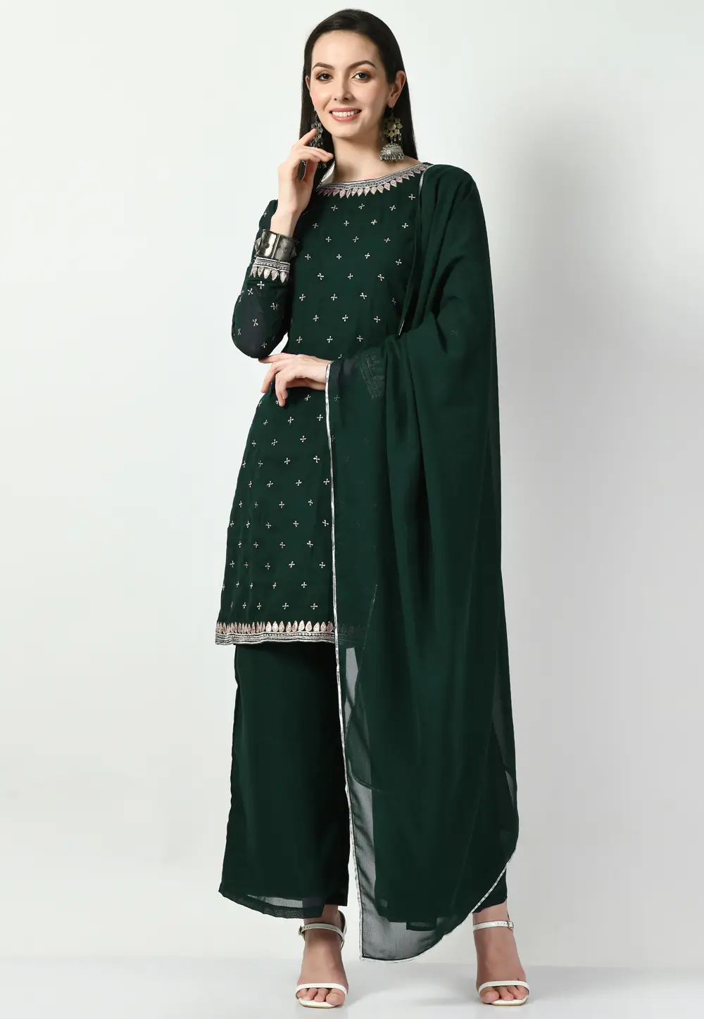 Green Georgette Readymade Palazzo Suit 299425