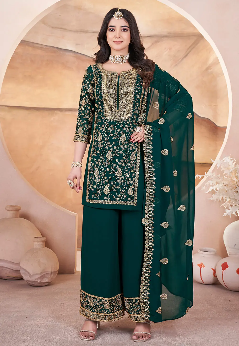 Green Georgette Readymade Palazzo Suit 304798