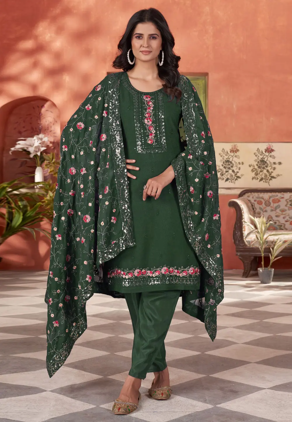 Green Georgette Readymade Pant Style Suit 303527