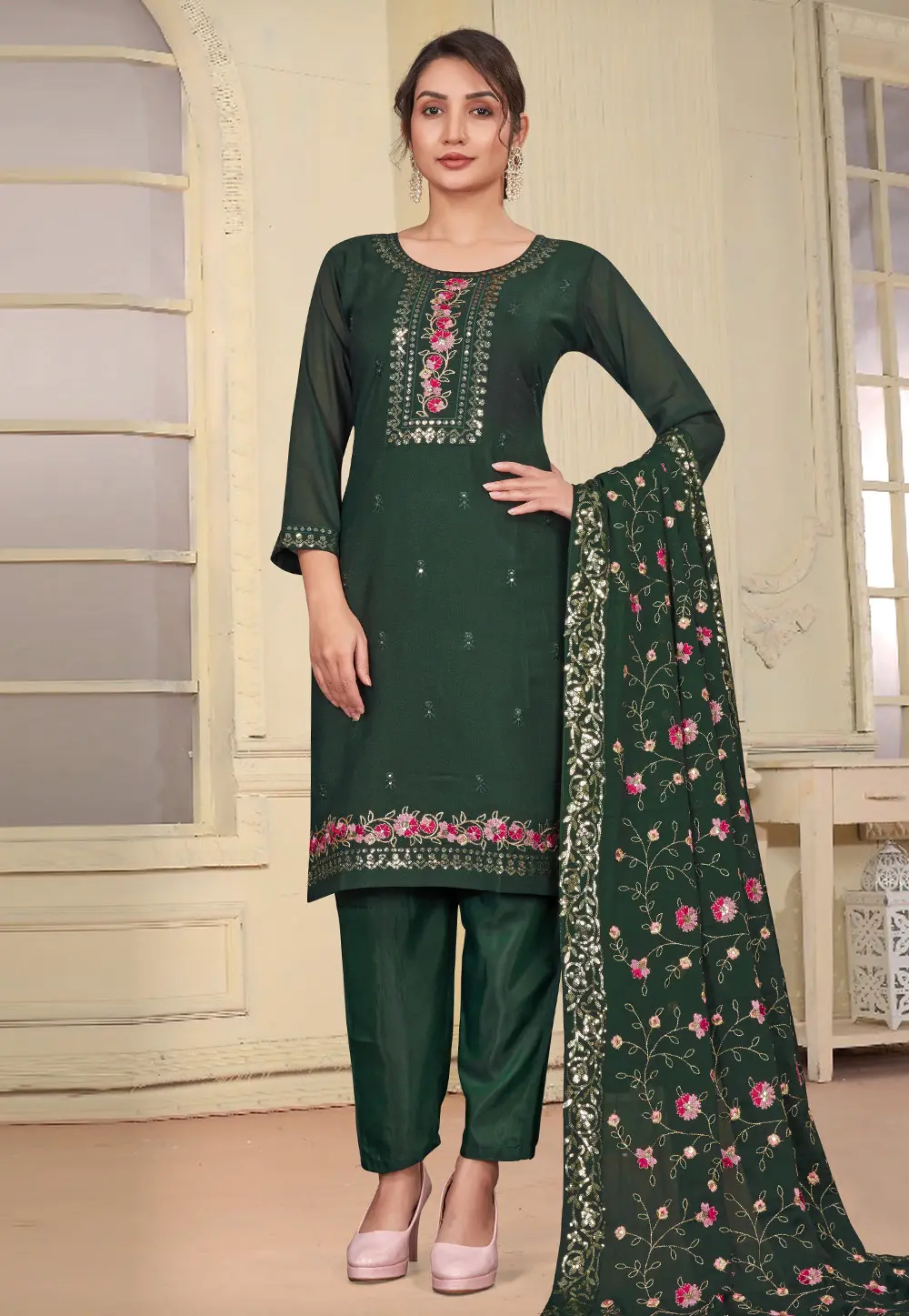 Green Georgette Readymade Pant Style Suit 298938