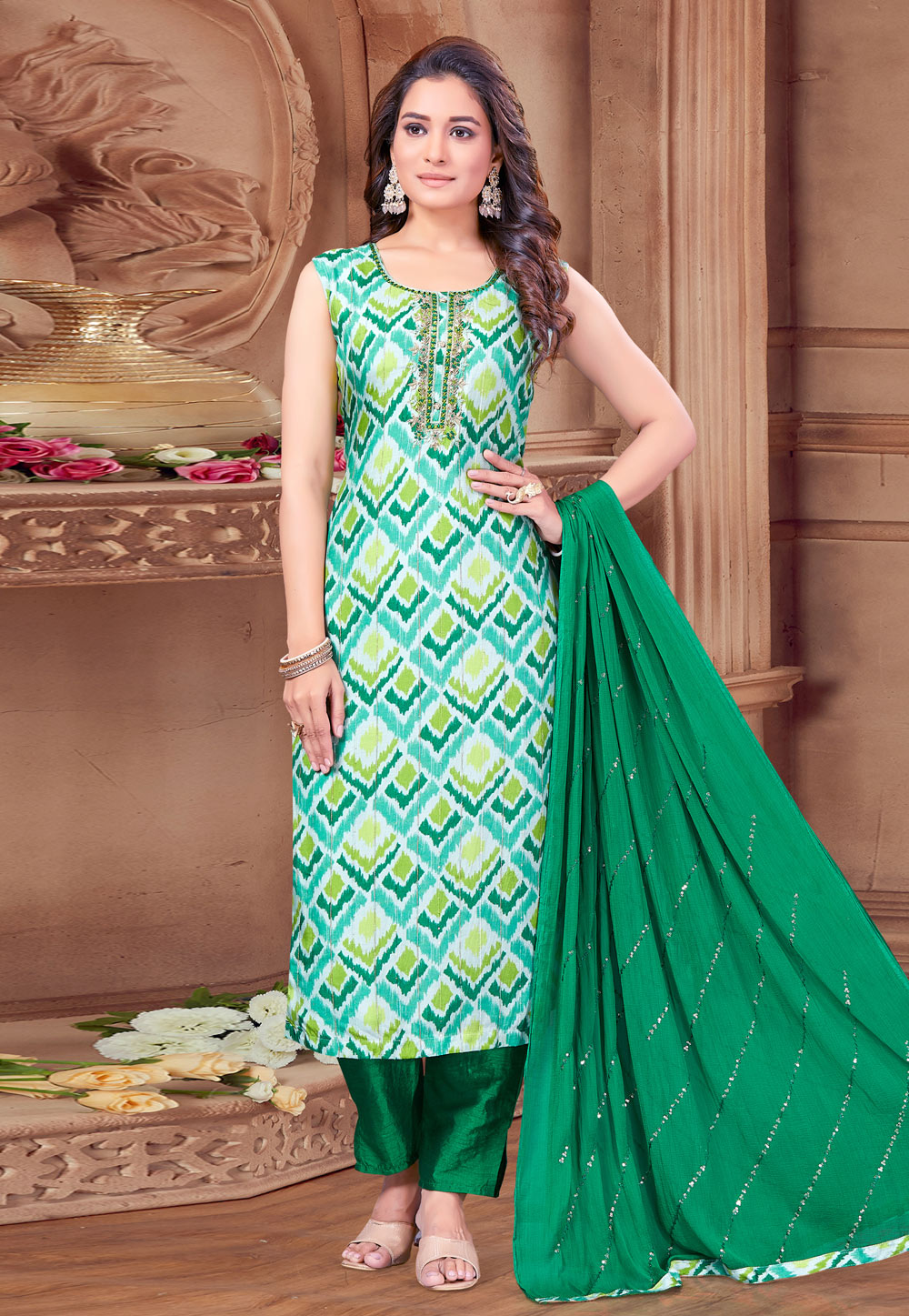 Green Georgette Readymade Pant Style Suit 281497
