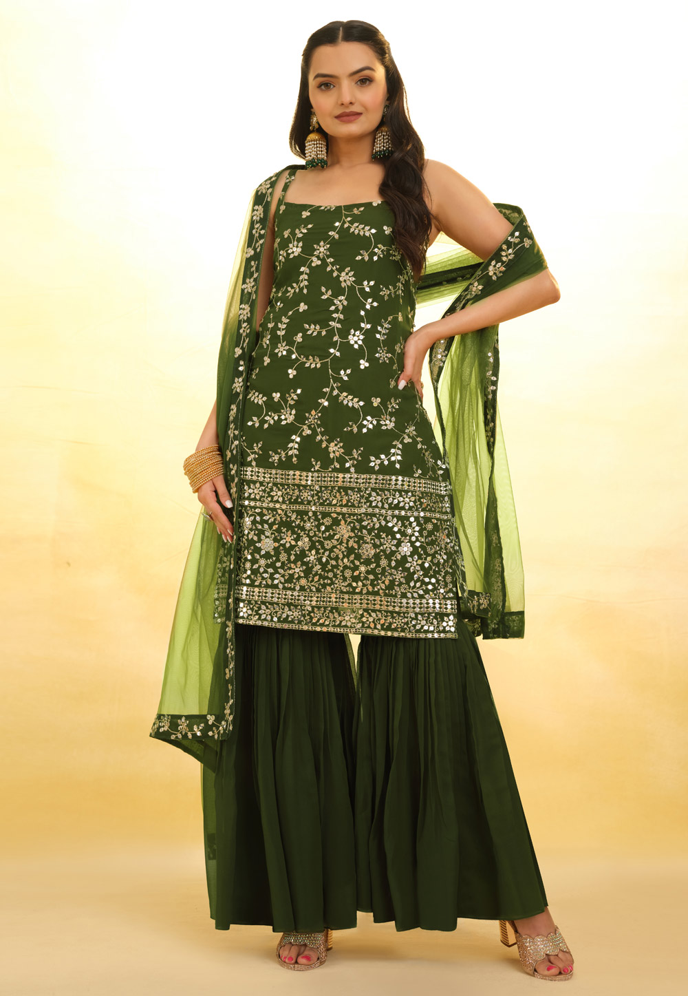 Green Georgette Readymade Sharara Suit 287463