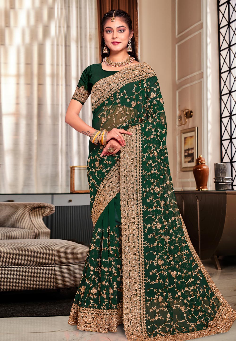 Green Georgette Saree With Blouse 283596