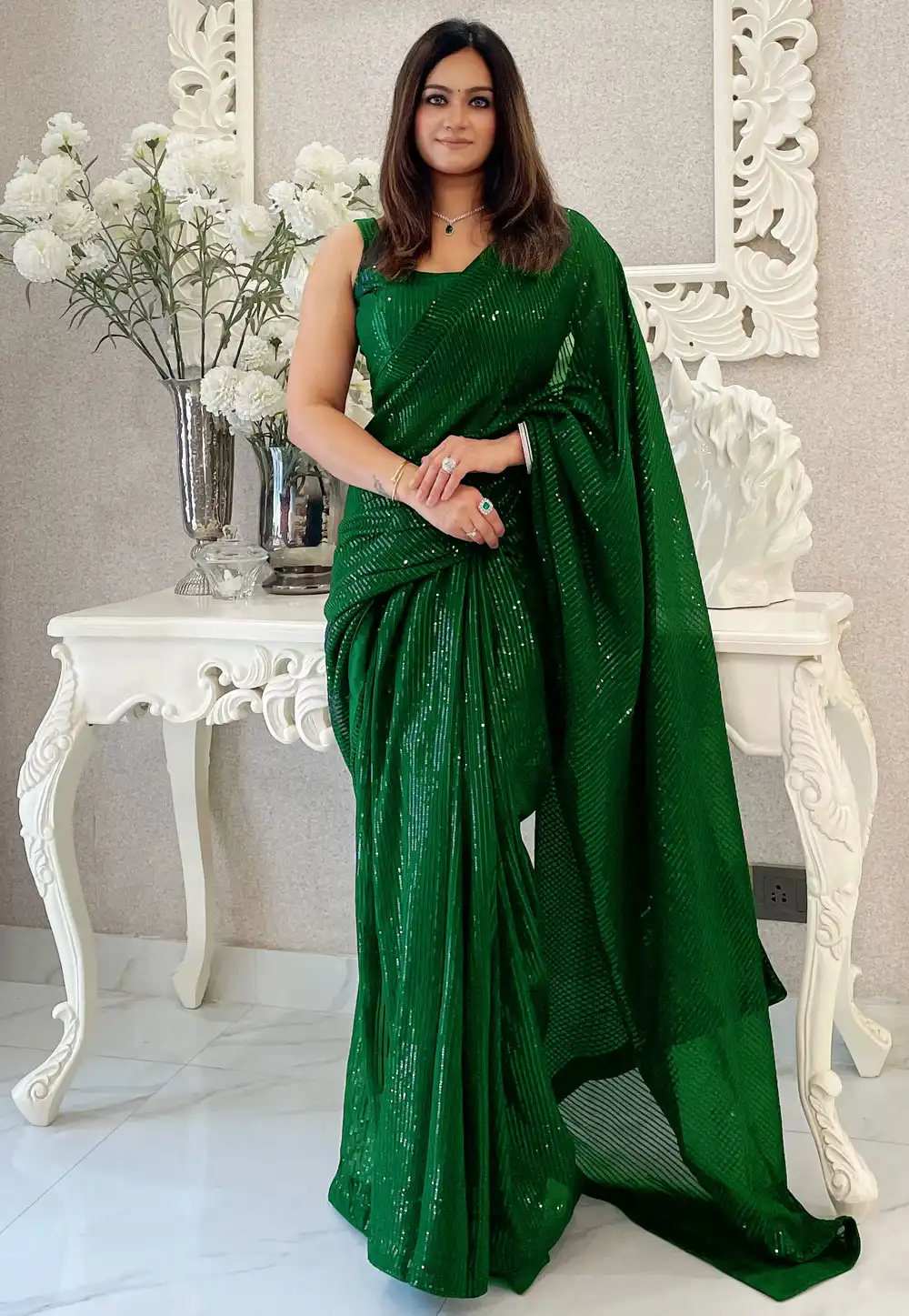 Green Georgette Sequence Saree 294143