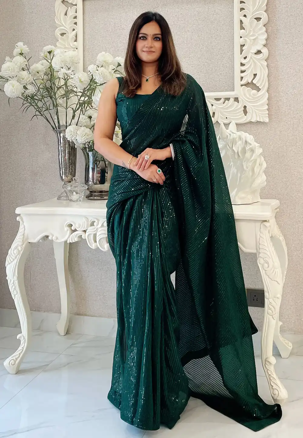 Green Georgette Sequence Saree 294143