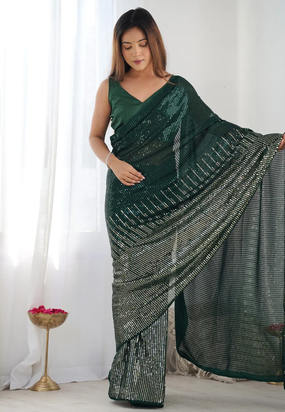 Green Georgette Sequence Saree 301223