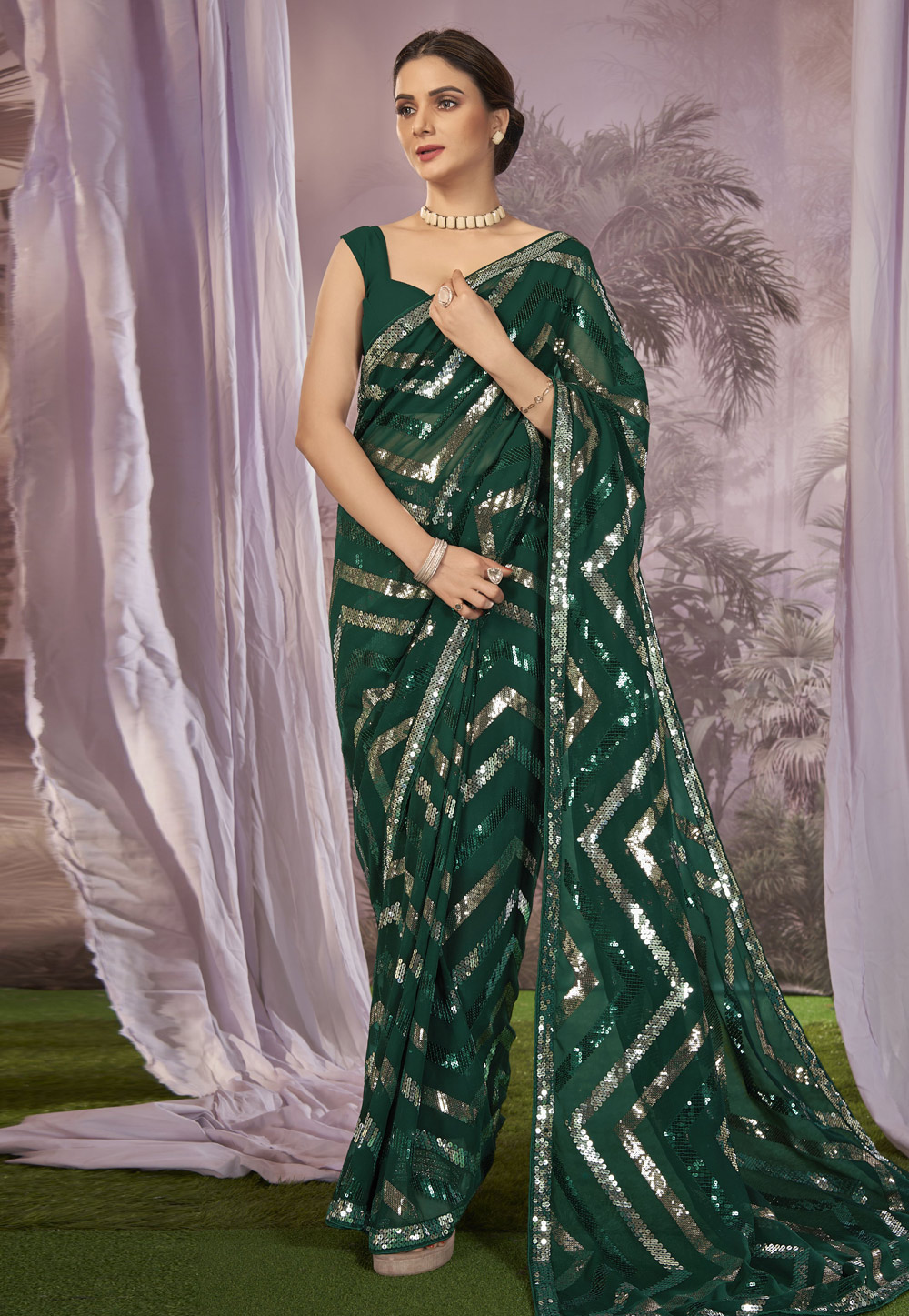 Green Georgette Sequence Saree 287817