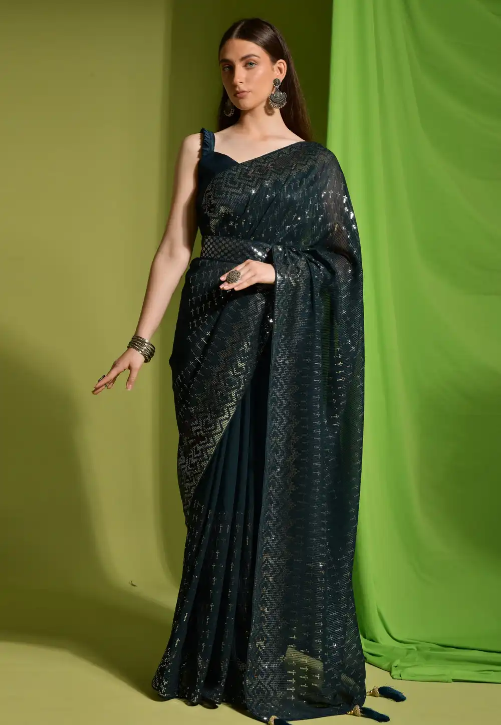 Green Georgette Sequence Saree 291460