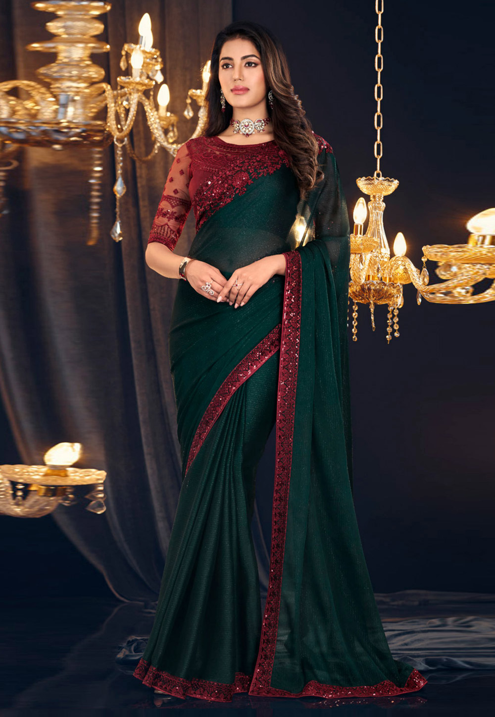 Green Georgette Shimmer Saree With Blouse 286502