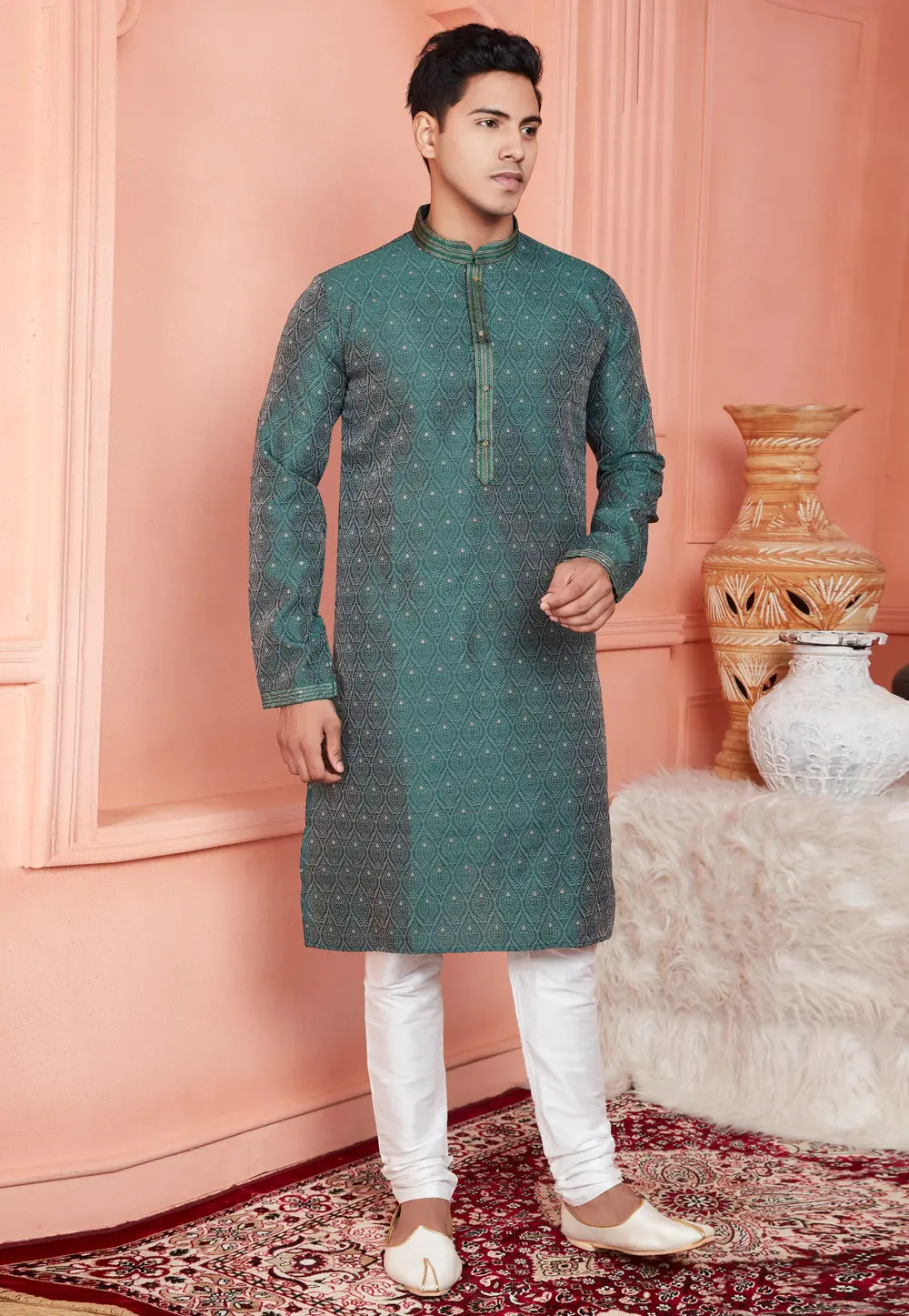 Green Jacquard Banarasi Kurta Pajama 304312