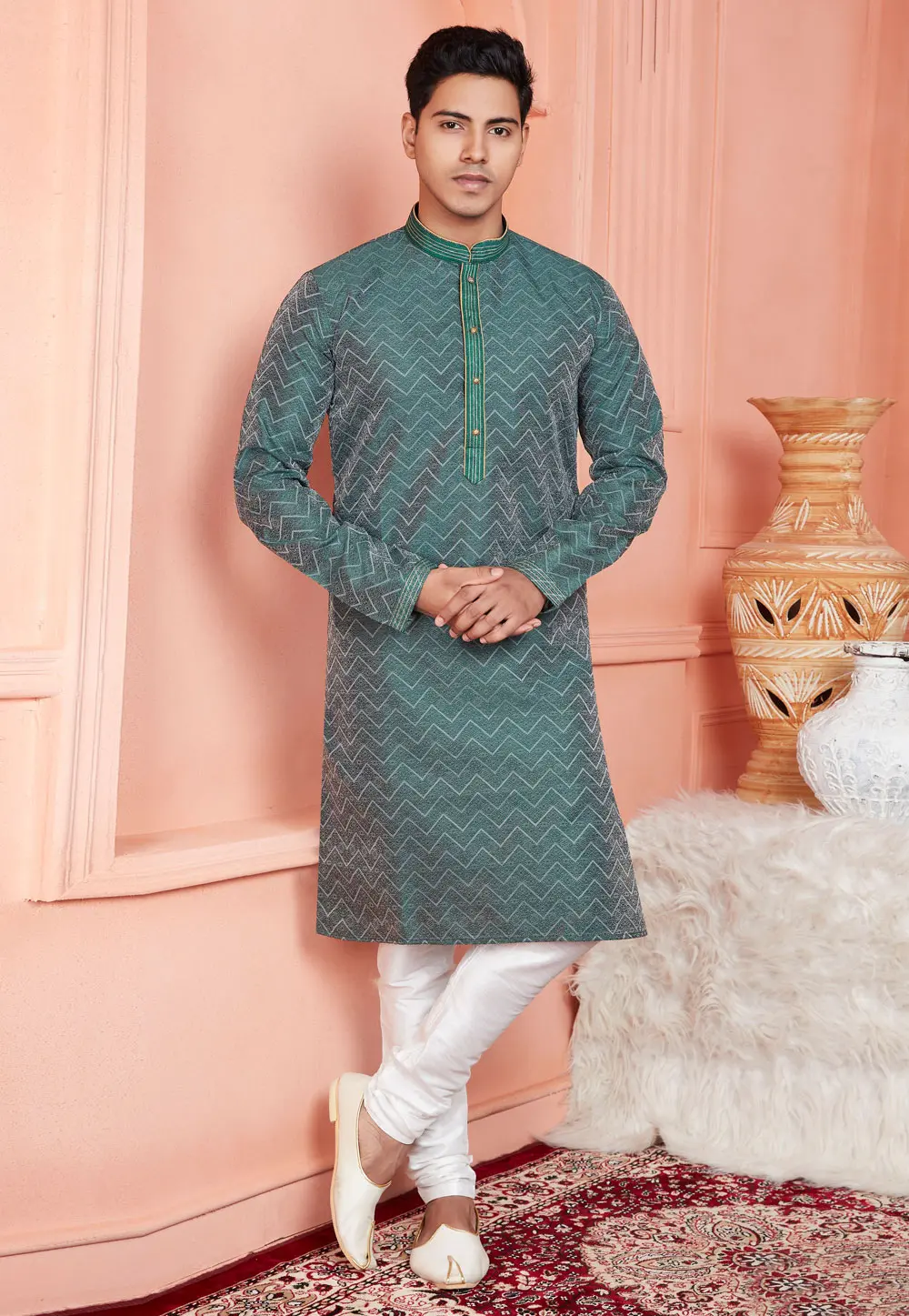 Green Jacquard Banarasi Kurta Pajama 304315