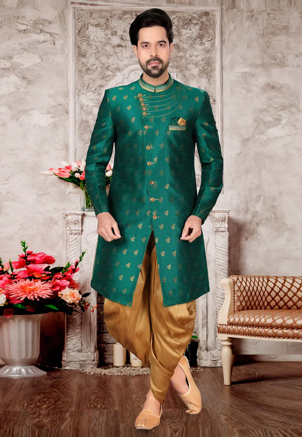 Green Jacquard Dhoti Sherwani 302967