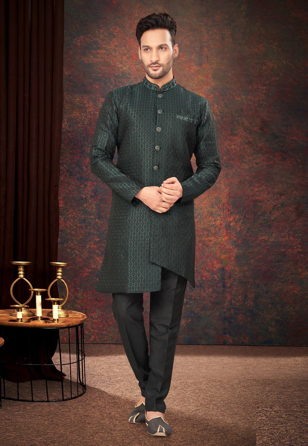 Green Jacquard Indo Western Suit 284017