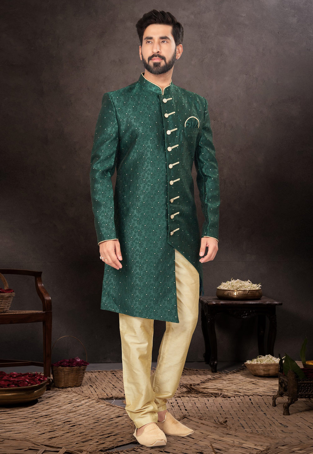 Green Jacquard Indo Western Suit 283976