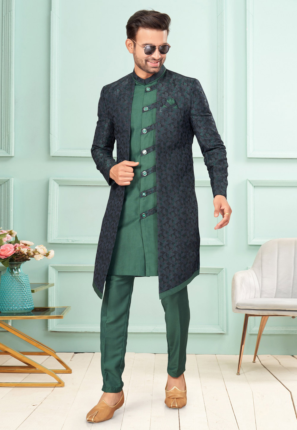 Green Jacquard Indo Western Suit 283916