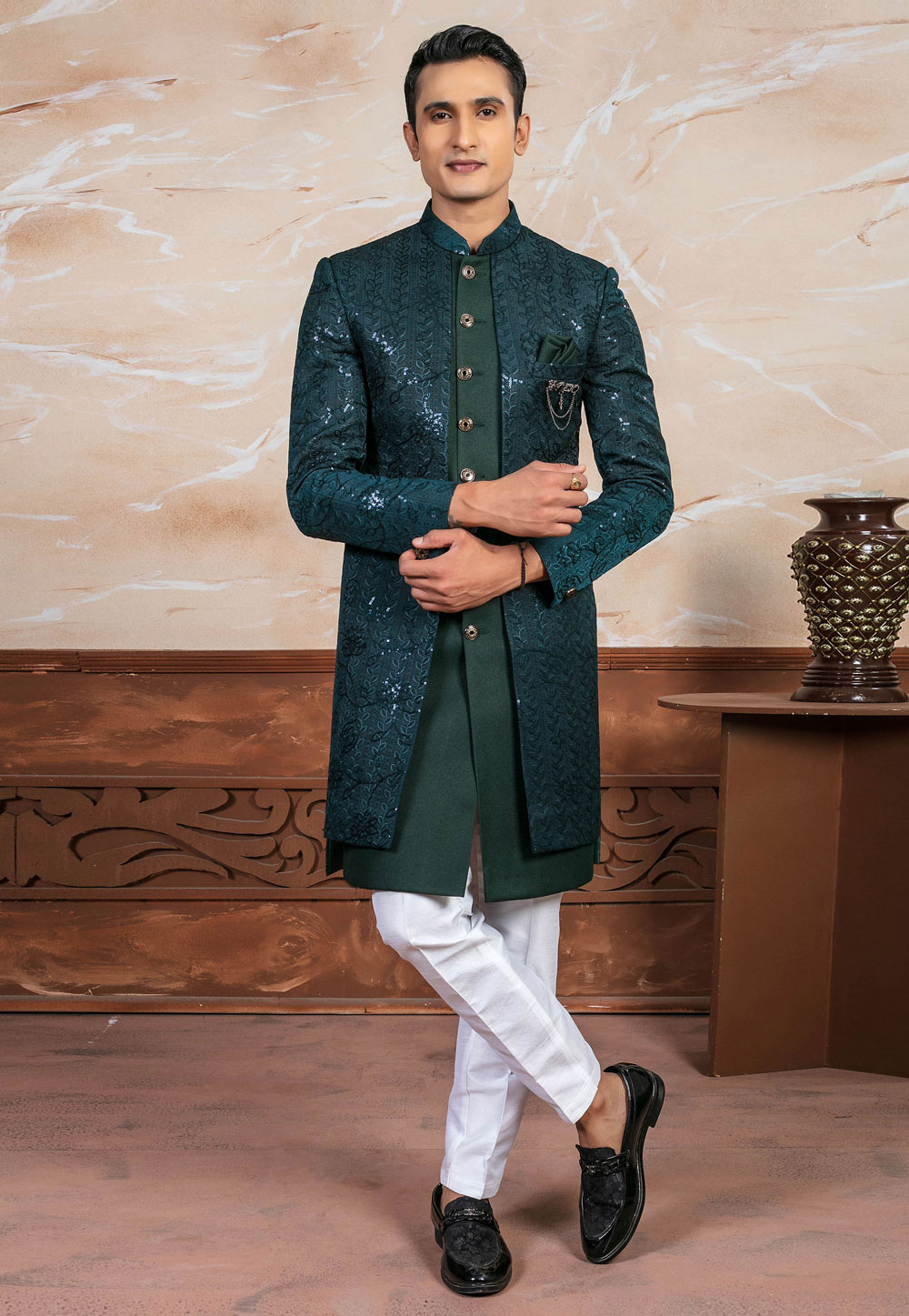 Green Jacquard Indo Western Suit 287146