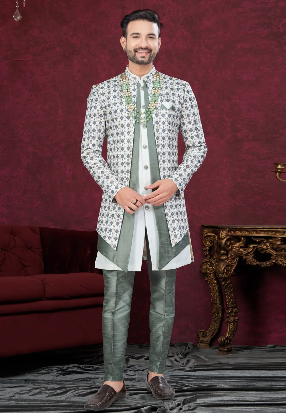 Green Jacquard Indo Western Suit 295633