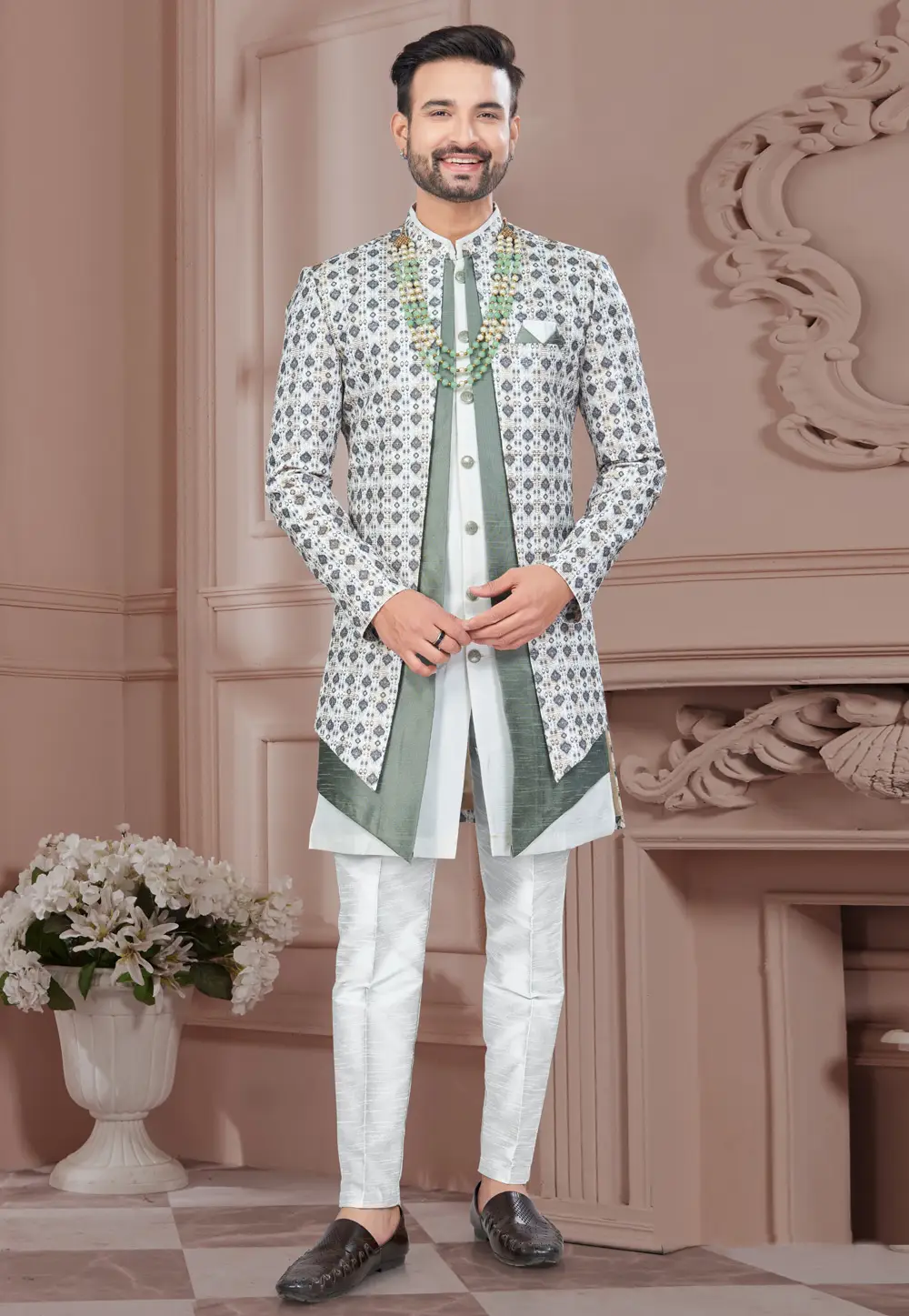 Green Jacquard Indo Western Suit 295650