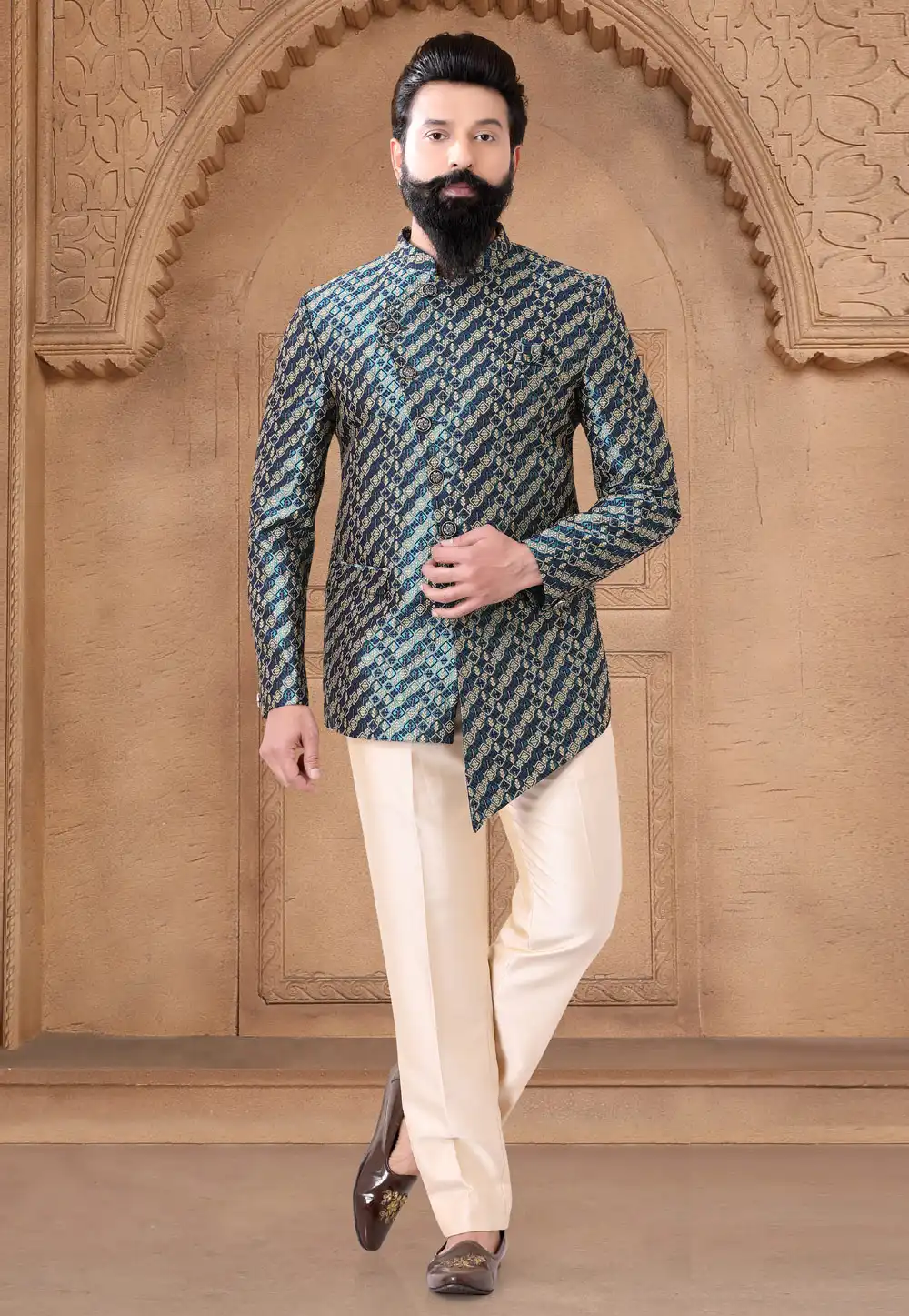 Green Jacquard Jodhpuri Suit 287918