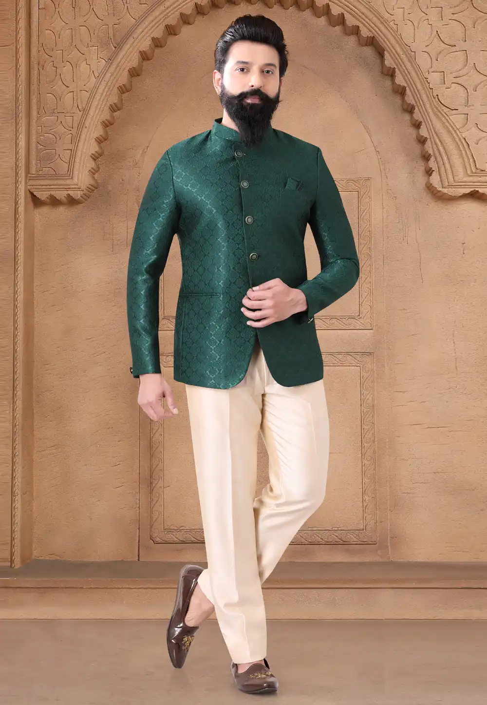 Green Jacquard Jodhpuri Suit 287920