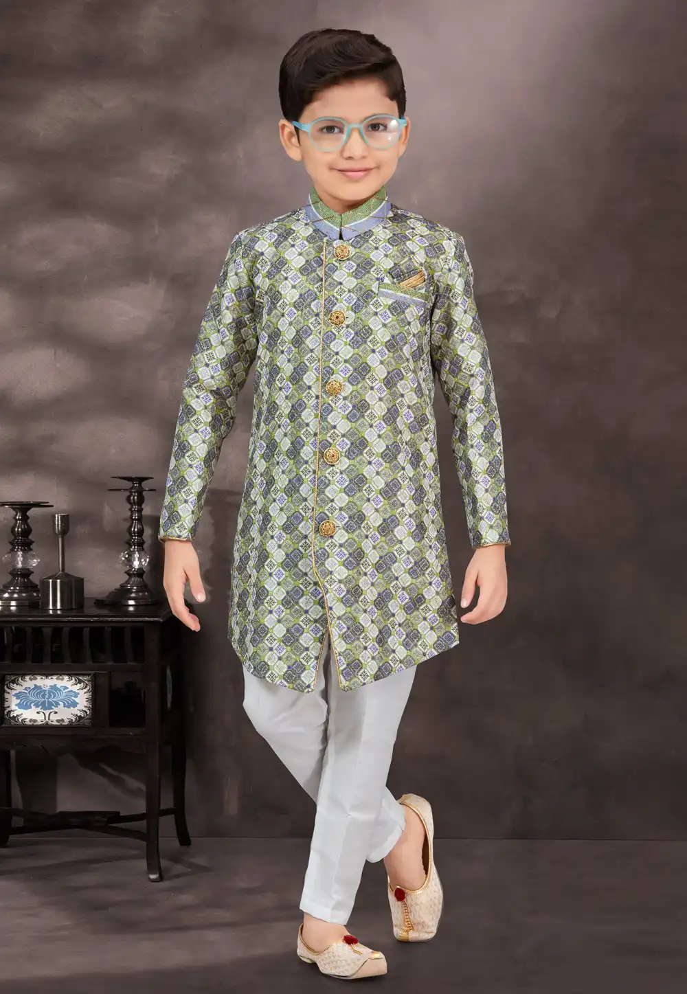 Green Jacquard Kids Indo Western Suit 292995