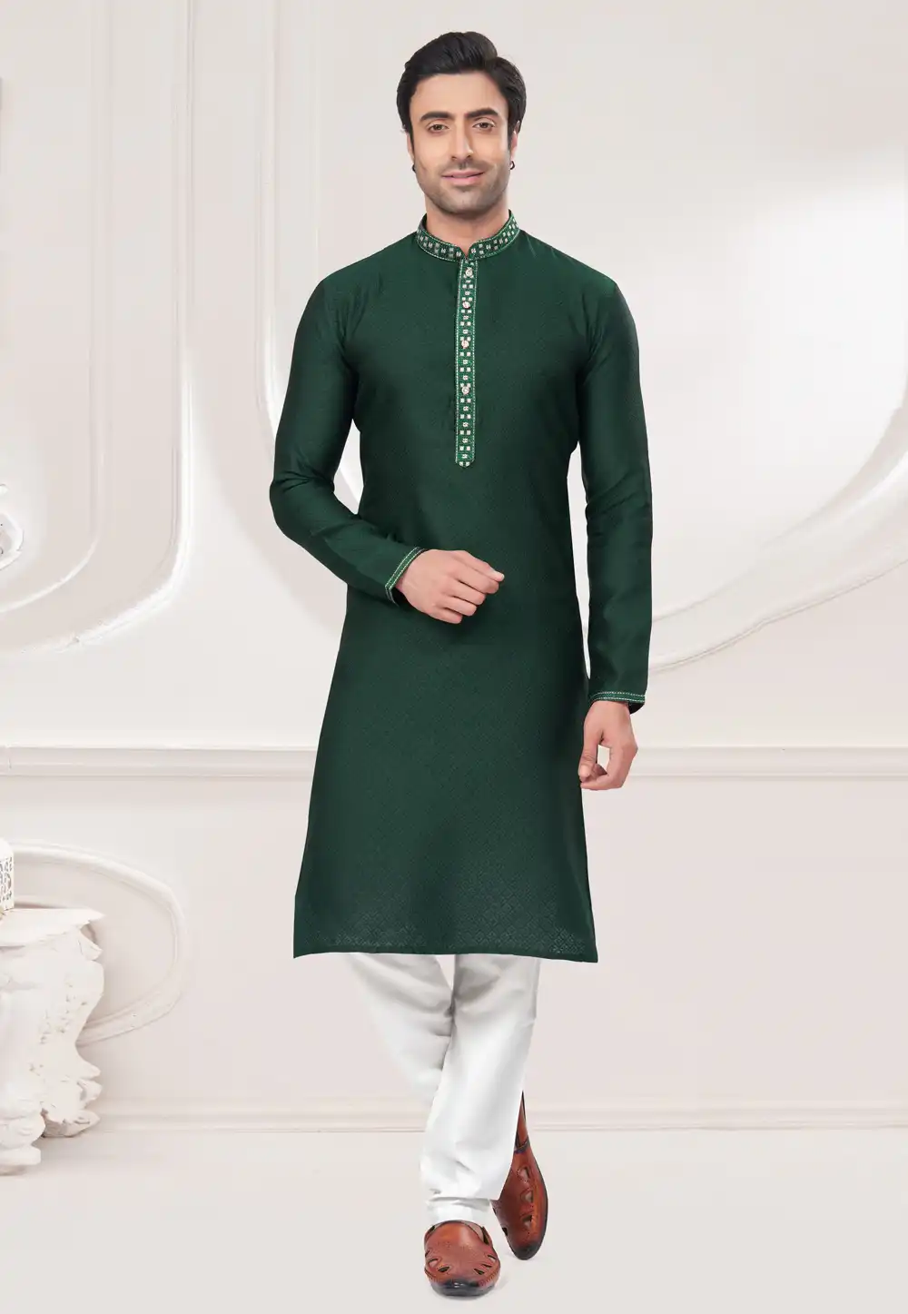 Green Jacquard Kurta Pajama 293757