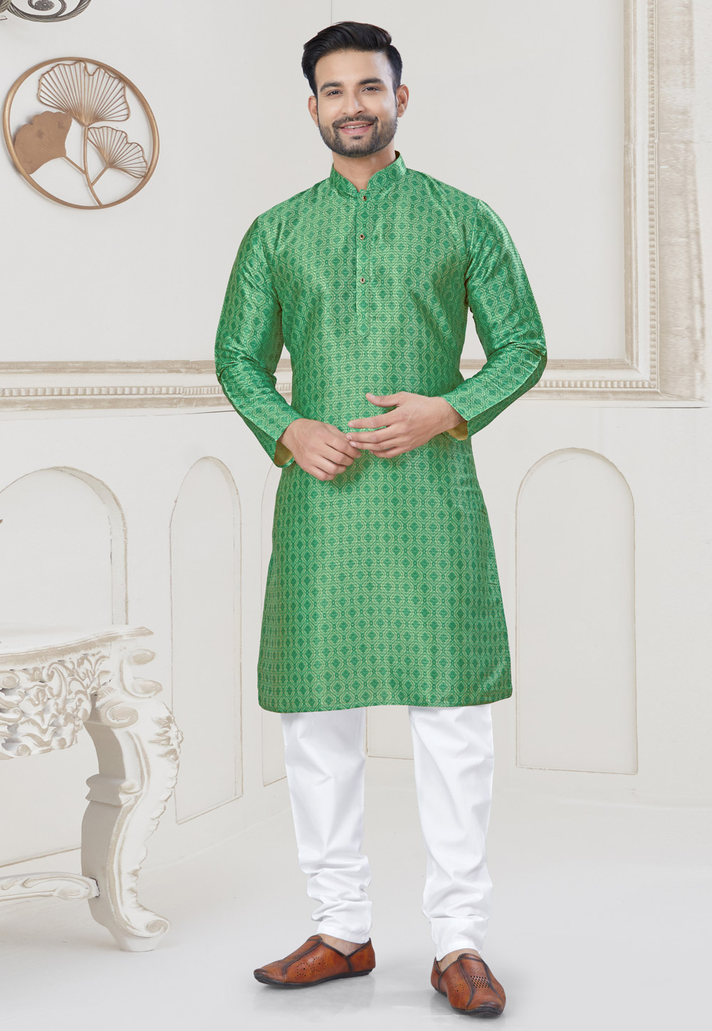 Green Jacquard Kurta Pajama 304907