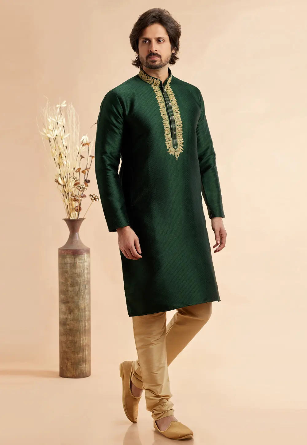 Green Jacquard Kurta Pajama 297508