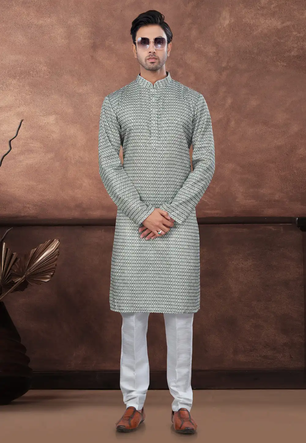 Green Jacquard Kurta Pajama 294618