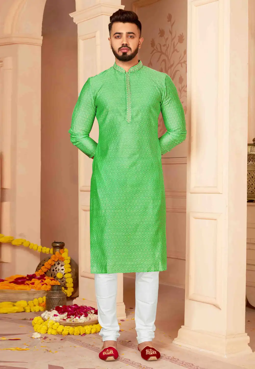 Green Jacquard Kurta Pajama 288850