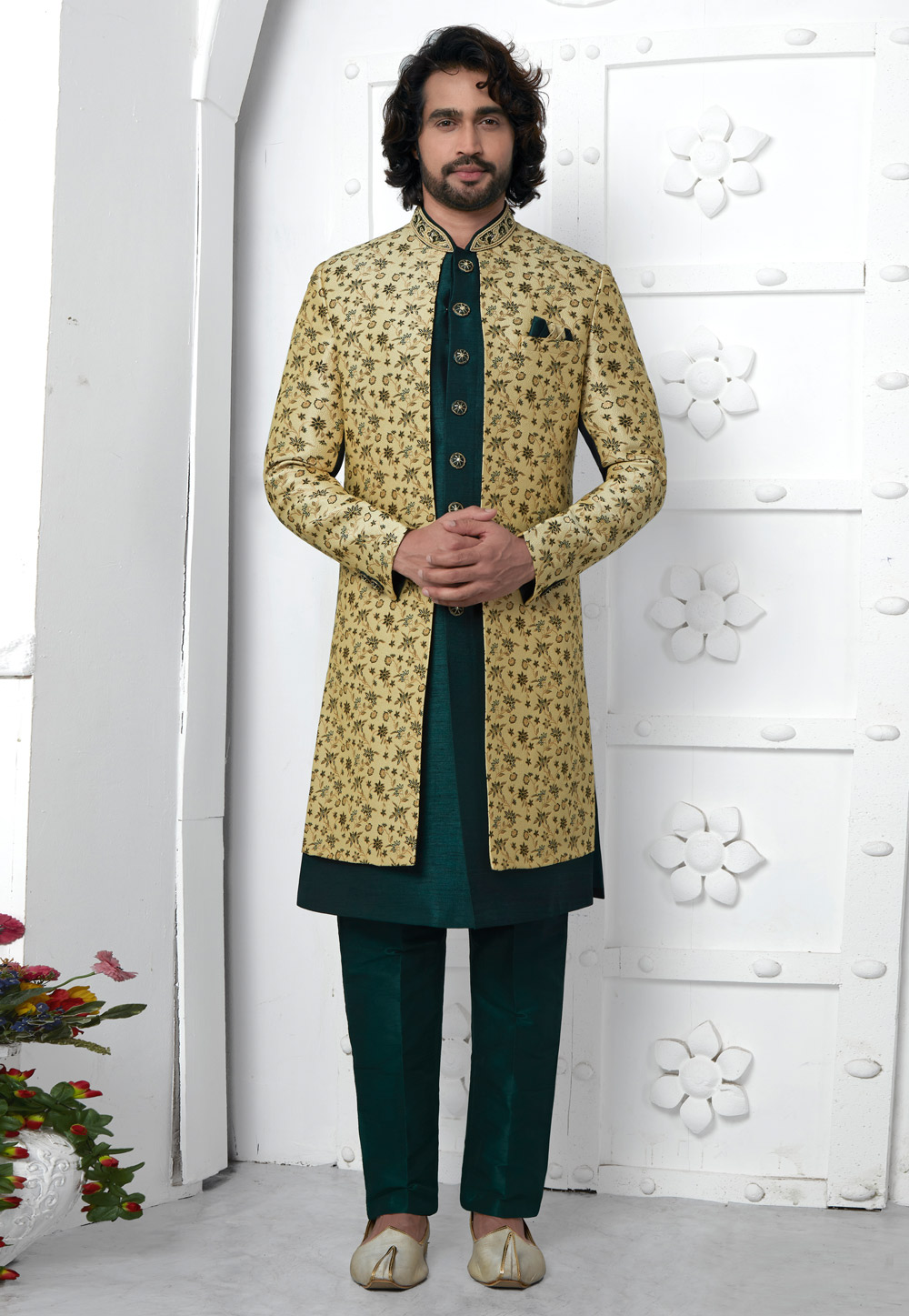 Green Jacquard Silk Jacket Style Sherwani 280156