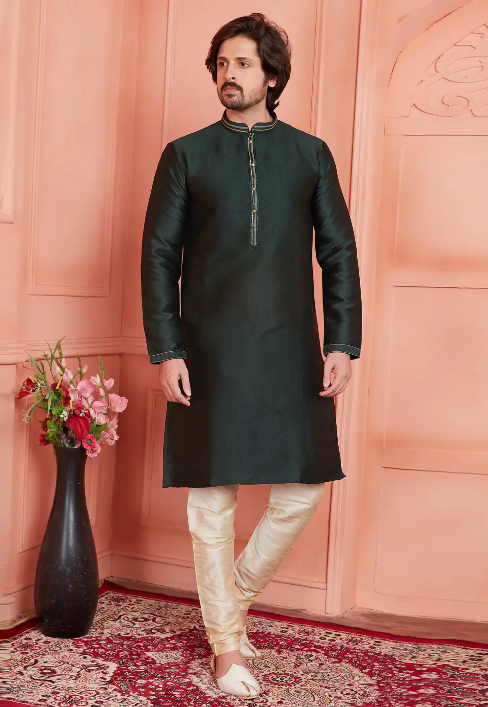 Green Jacquard Silk Kurta Pajama 304299