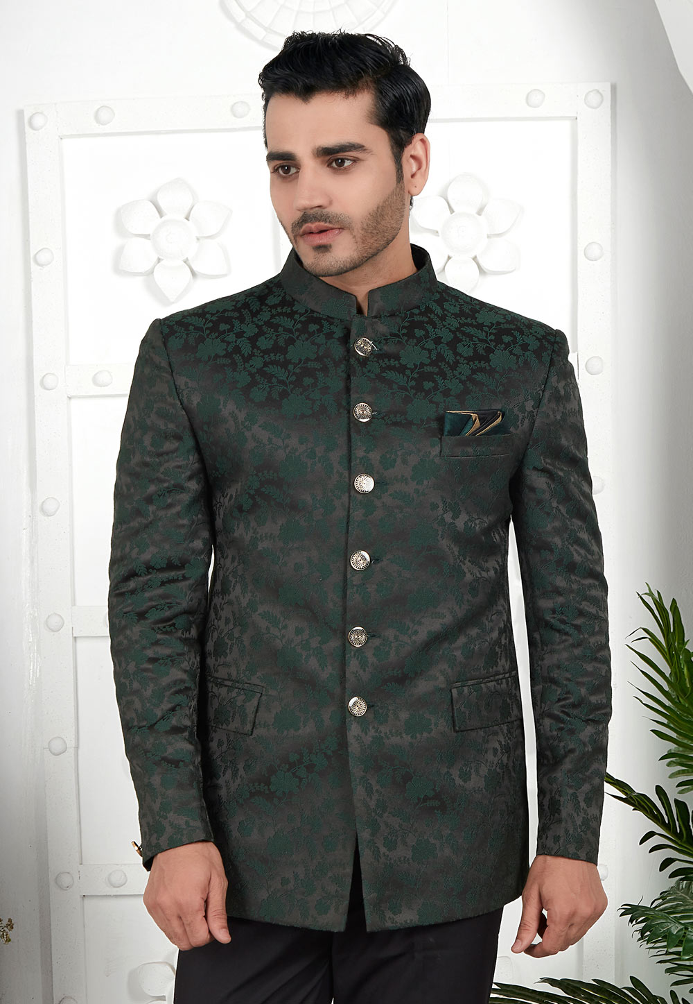 Green Jacquard Silk Nehru Jacket 280384