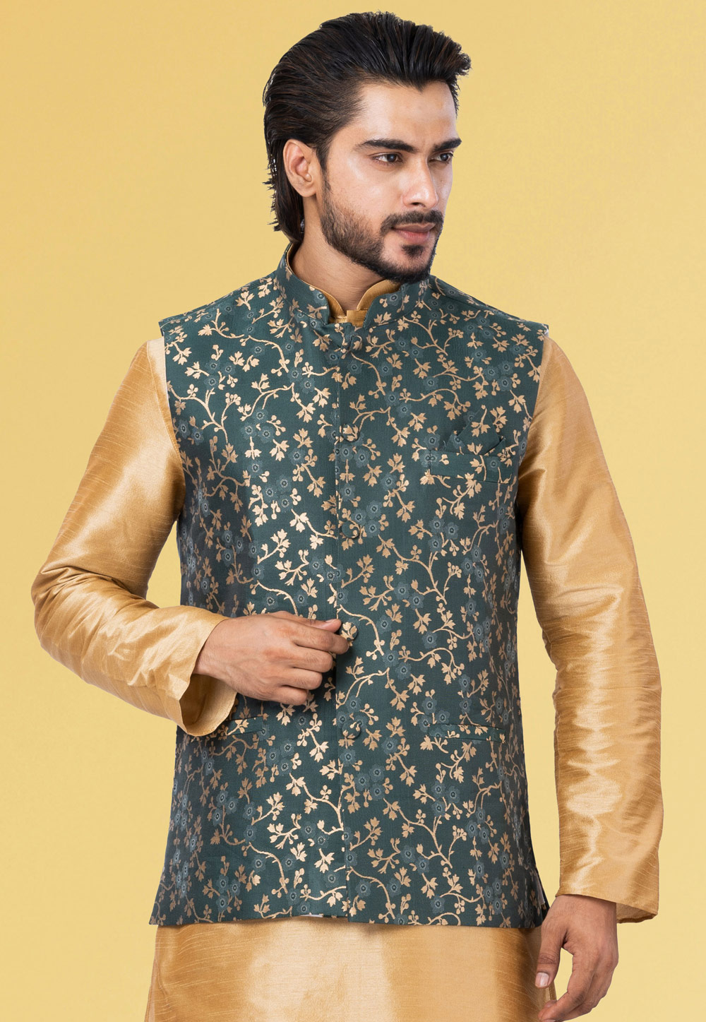 Green Jacquard Silk Nehru Jacket 286929