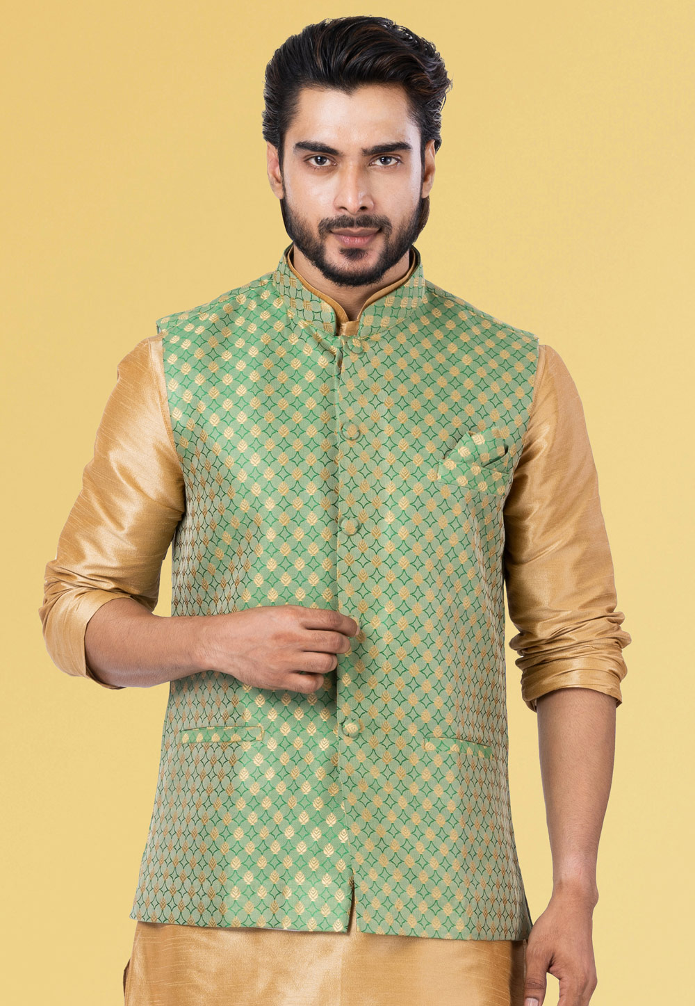 Green Jacquard Silk Nehru Jacket 286930