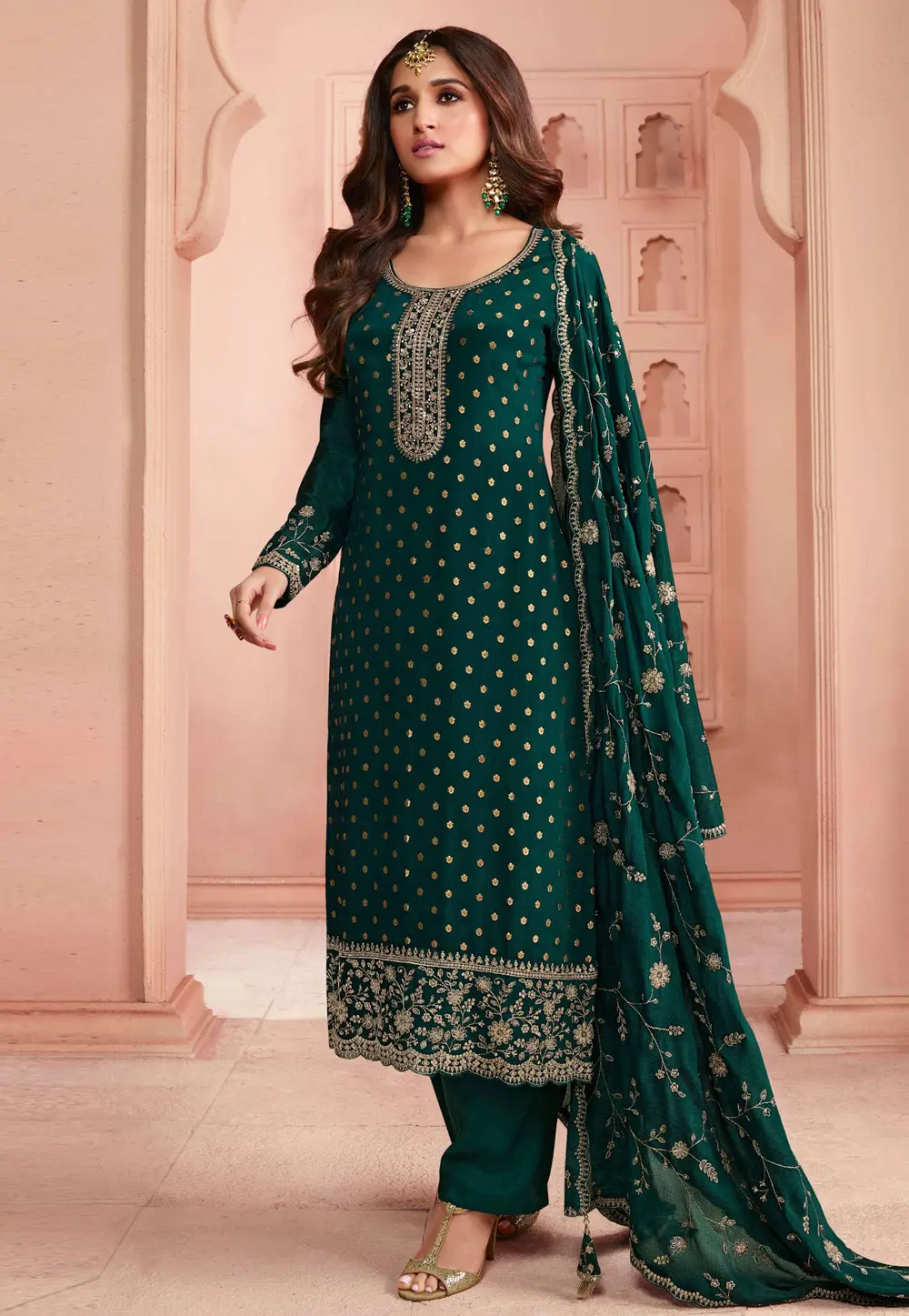 Green Jacquard Silk Pant Style Suit 301268