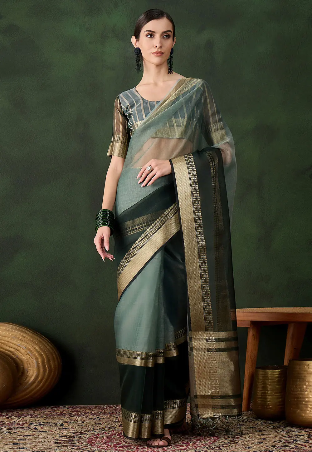 Green Khadi Saree With Blouse 299219