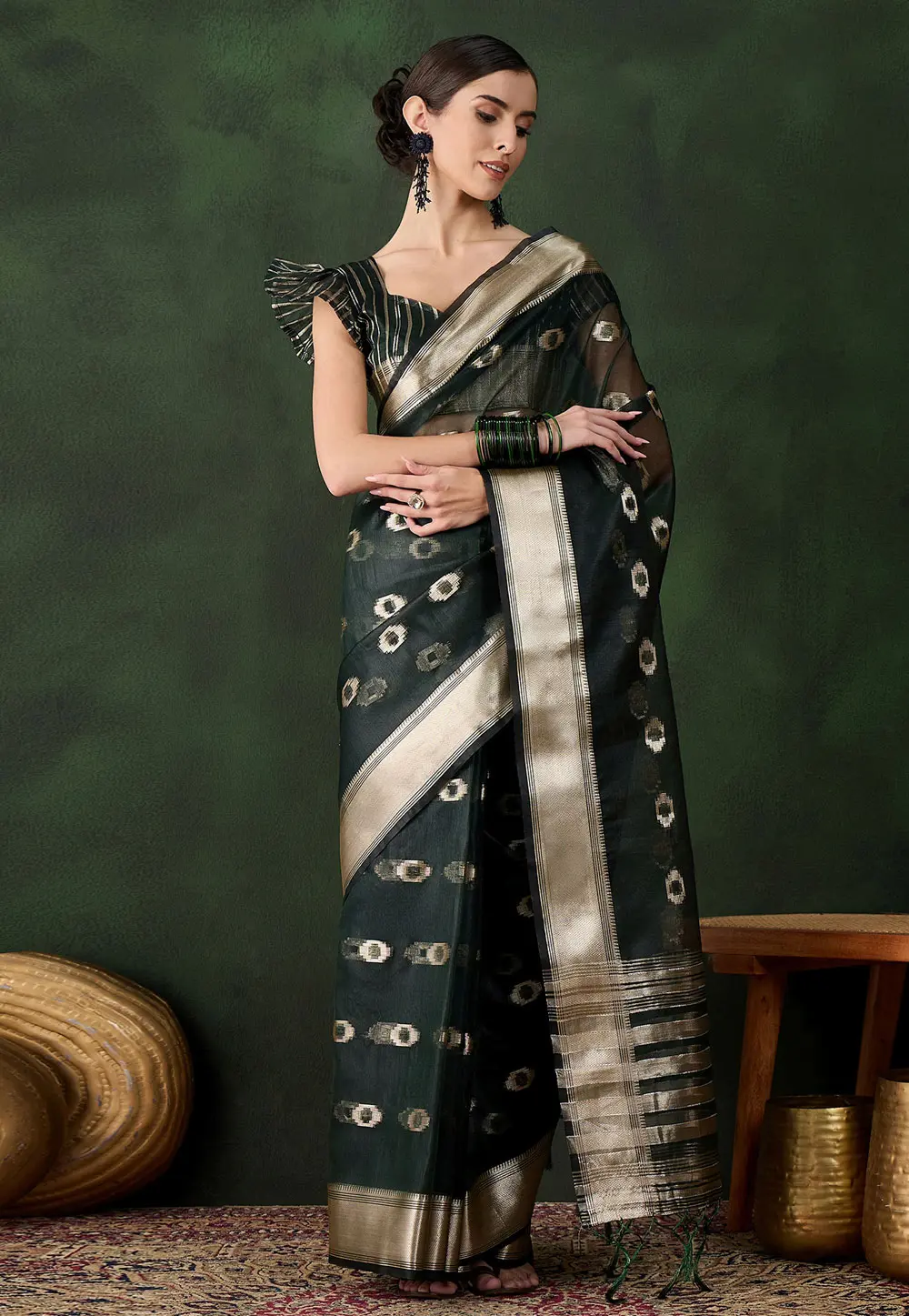 Green Khadi Saree With Blouse 299224