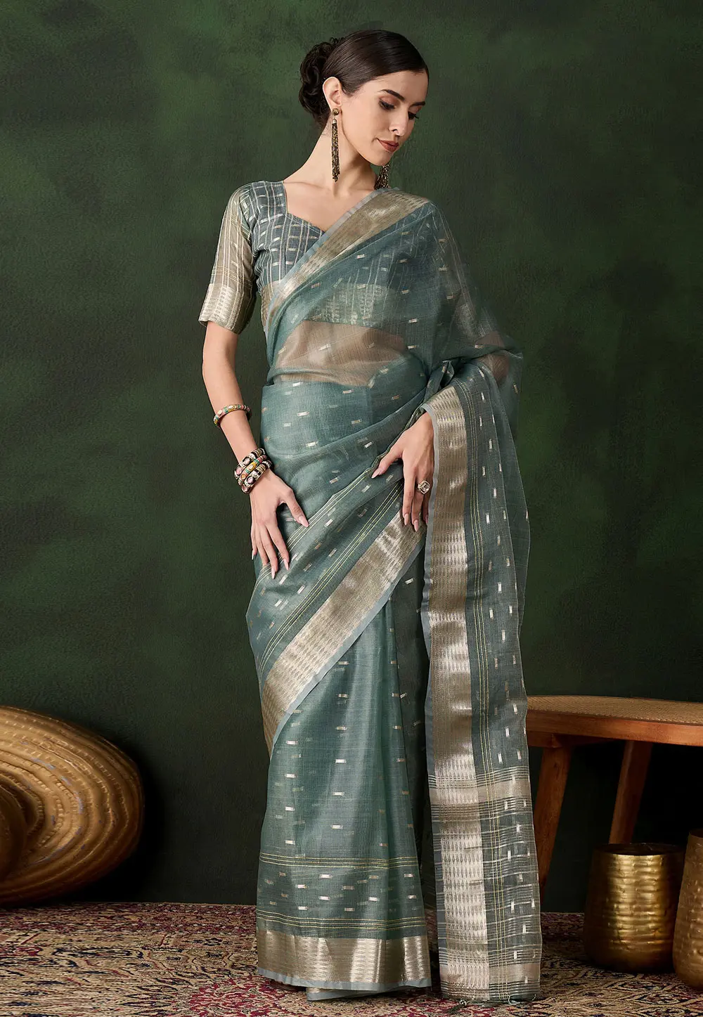 Green Khadi Saree With Blouse 299387