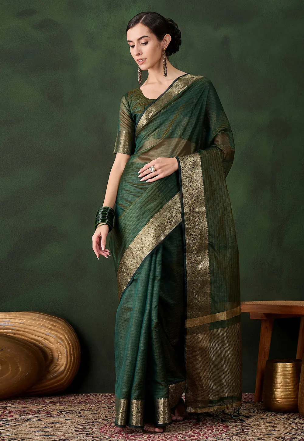 Green Khadi Saree With Blouse 299392