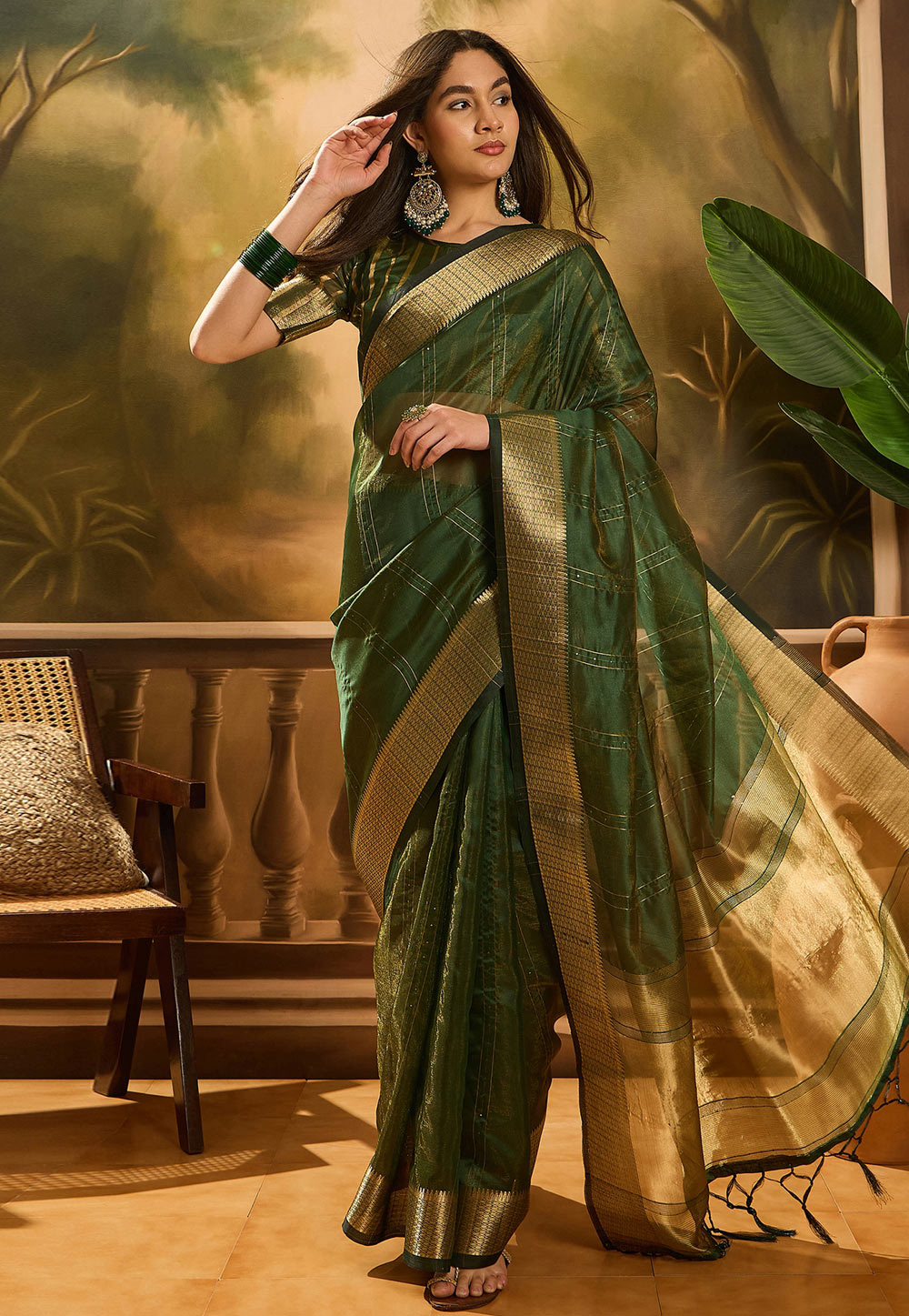 Green Khadi Saree With Blouse 309138